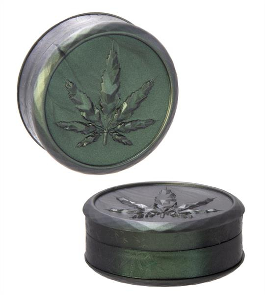 Plastikmühle Kunststoffgrinder Soft Touch mit Pyramidenspitzen, ca. ø 70mm, "Leaf" dunkelgrün metallic